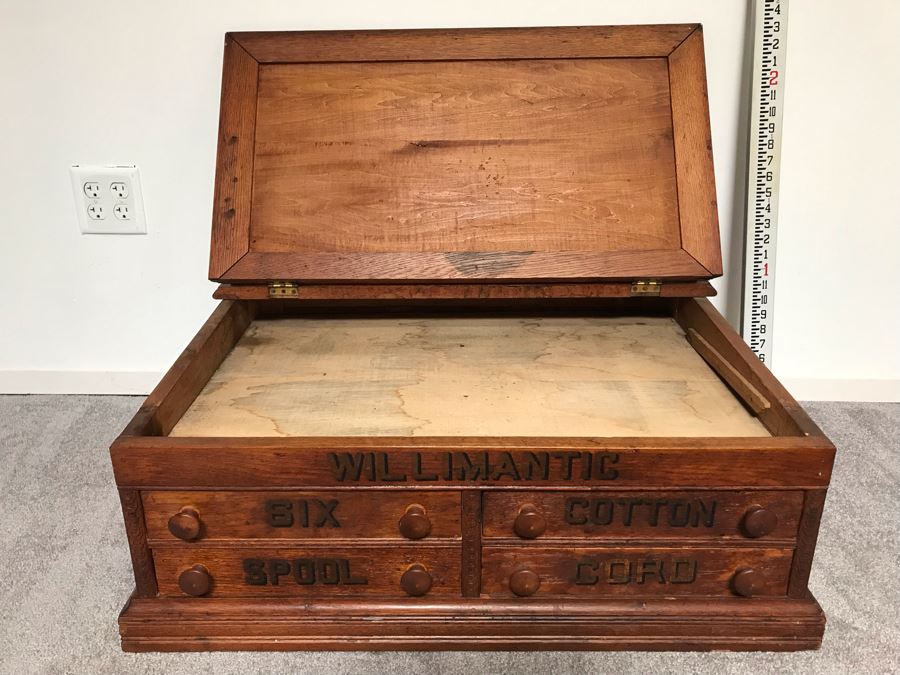 Stunning Large Vintage Willimantic Advertising Wooden Spool Cabinet Desk With Hinged Top And 4-Drawers Willimantic Six Cord Star Thread - Desk Top Needs New Leather 31'W X 24'D X 26'H [Photo 10]