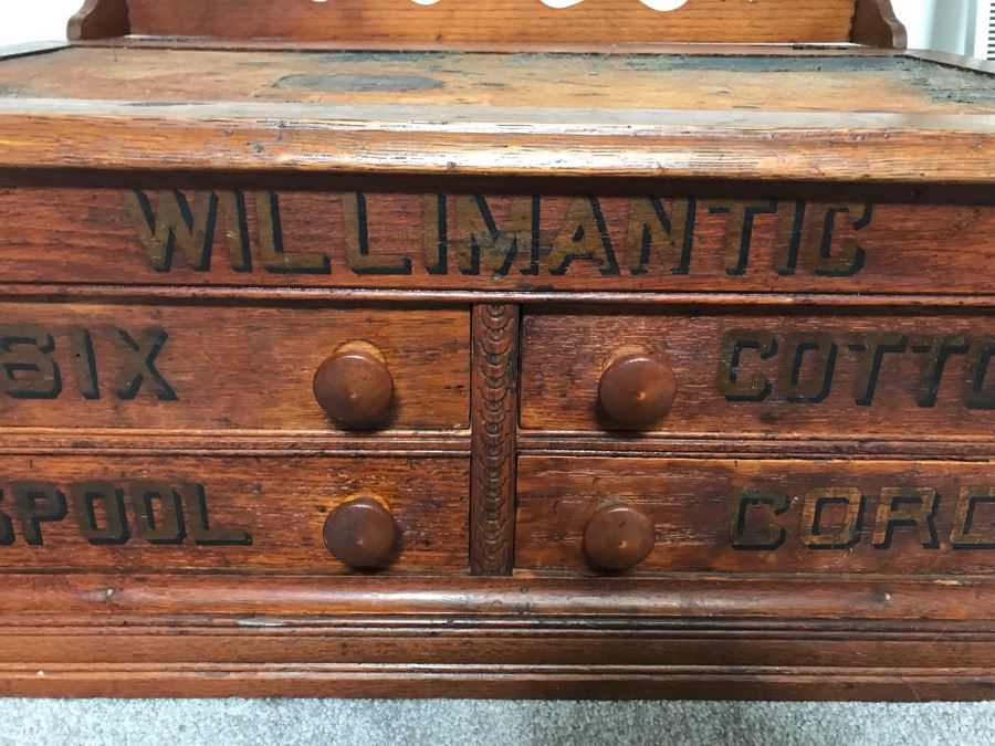 Stunning Large Vintage Willimantic Advertising Wooden Spool Cabinet Desk With Hinged Top And 4-Drawers Willimantic Six Cord Star Thread - Desk Top Needs New Leather 31'W X 24'D X 26'H [Photo 6]