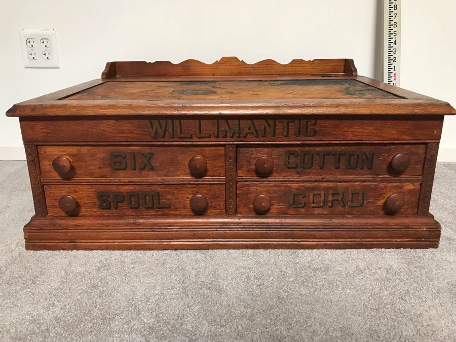 Stunning Large Vintage Willimantic Advertising Wooden Spool Cabinet Desk With Hinged Top And 4-Drawers Willimantic Six Cord Star Thread - Desk Top Needs New Leather 31'W X 24'D X 26'H [Photo 4]