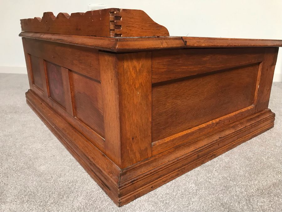 Stunning Large Vintage Willimantic Advertising Wooden Spool Cabinet Desk With Hinged Top And 4-Drawers Willimantic Six Cord Star Thread - Desk Top Needs New Leather 31'W X 24'D X 26'H [Photo 17]