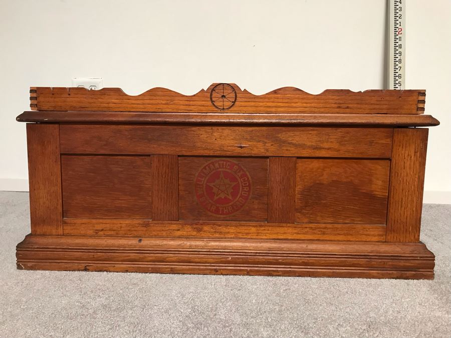 Stunning Large Vintage Willimantic Advertising Wooden Spool Cabinet Desk With Hinged Top And 4-Drawers Willimantic Six Cord Star Thread - Desk Top Needs New Leather 31'W X 24'D X 26'H [Photo 2]
