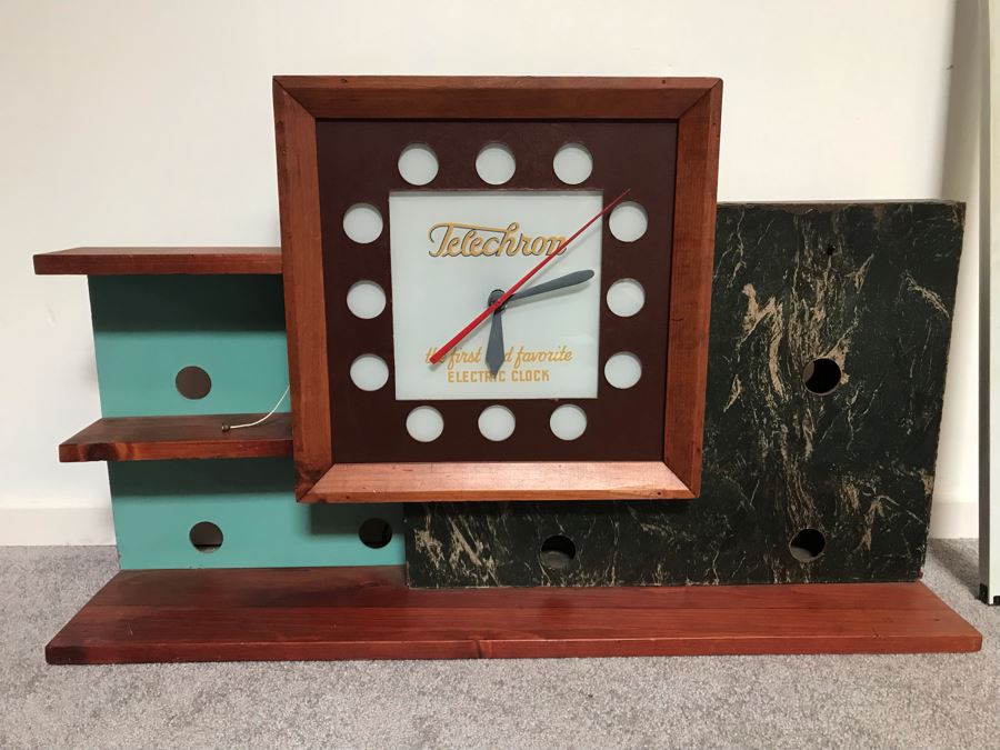 Mid-Century Modern Advertising Telechron Electric Clock Store Display Shelf With Working Clock Backlight Needs New Bulbs 34'W X 7'D X 22'H [Photo 2]