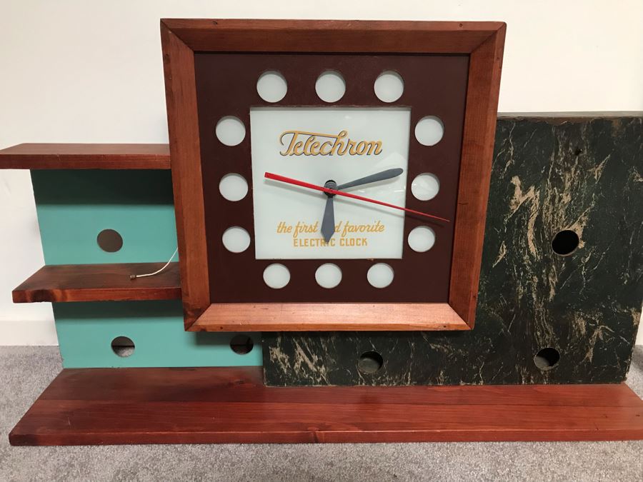 Mid-Century Modern Advertising Telechron Electric Clock Store Display Shelf With Working Clock Backlight Needs New Bulbs 34'W X 7'D X 22'H [Photo 3]