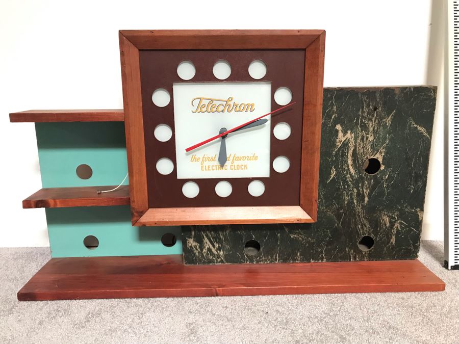 Mid-Century Modern Advertising Telechron Electric Clock Store Display Shelf With Working Clock Backlight Needs New Bulbs 34'W X 7'D X 22'H [Photo 1]