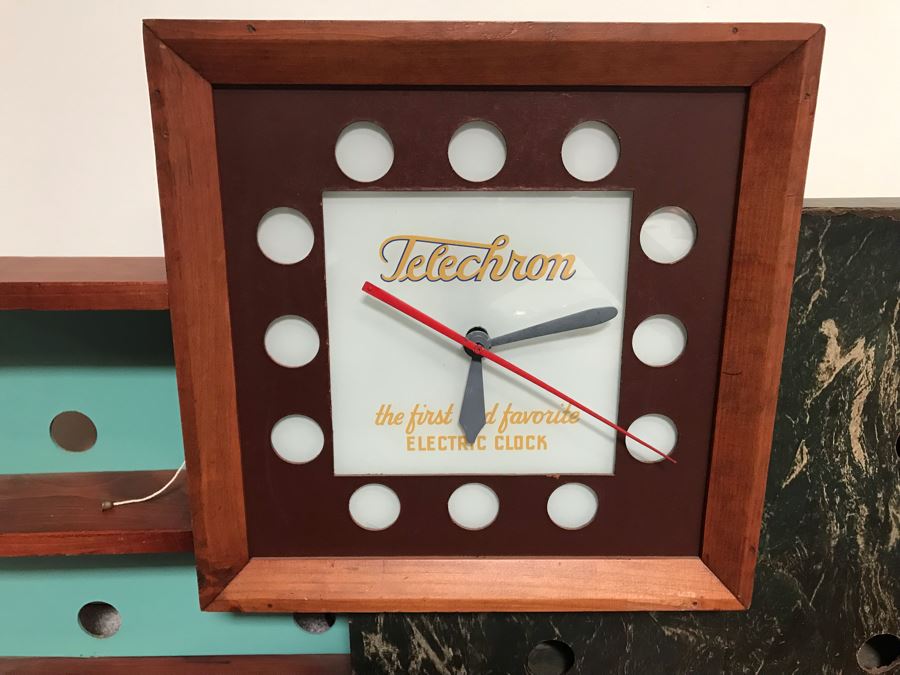 Mid-Century Modern Advertising Telechron Electric Clock Store Display Shelf With Working Clock Backlight Needs New Bulbs 34'W X 7'D X 22'H [Photo 4]