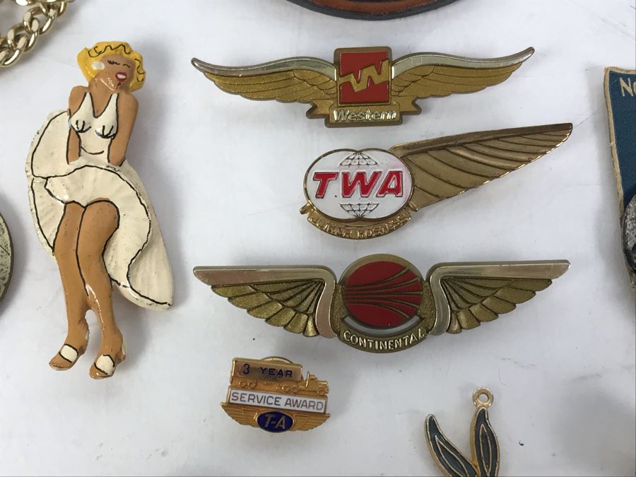 Collectibles Lot With Pins, Patches, Keychains, Bracelet Includes Airline Wings, Marilyn Monroe Brooch, Webelos, Girl Scouts, Trojans Football Brooch, USN, Snow White, Wells Fargo - See Photos [Photo 2]