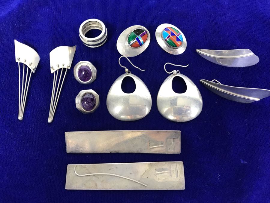 Sterling Silver Jewelry Earring Lot With Sterling Ring - Some Signed Woods Sterling And KBN Sterling 64.3g (One Earring Shown Nearest Bottom Needs Repair) [Photo 1]