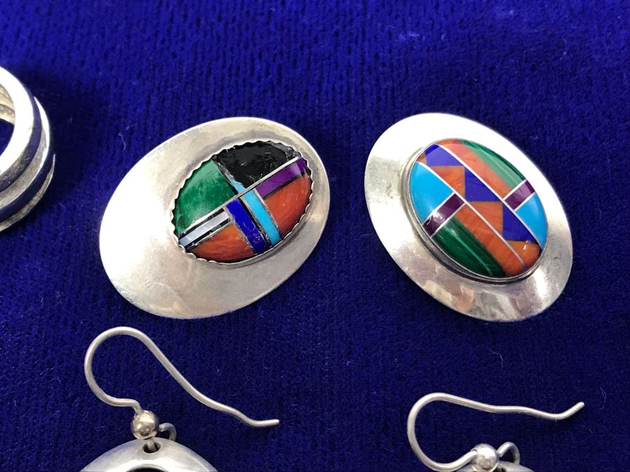 Sterling Silver Jewelry Earring Lot With Sterling Ring - Some Signed Woods Sterling And KBN Sterling 64.3g (One Earring Shown Nearest Bottom Needs Repair) [Photo 5]