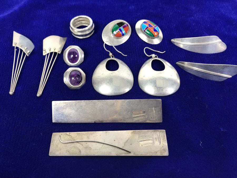 Sterling Silver Jewelry Earring Lot With Sterling Ring - Some Signed Woods Sterling And KBN Sterling 64.3g (One Earring Shown Nearest Bottom Needs Repair) [Photo 2]