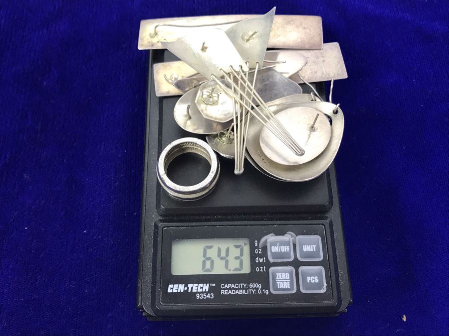 Sterling Silver Jewelry Earring Lot With Sterling Ring - Some Signed Woods Sterling And KBN Sterling 64.3g (One Earring Shown Nearest Bottom Needs Repair) [Photo 17]