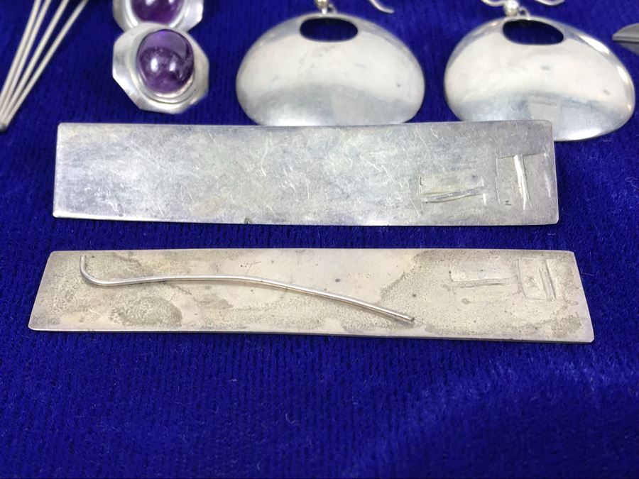 Sterling Silver Jewelry Earring Lot With Sterling Ring - Some Signed Woods Sterling And KBN Sterling 64.3g (One Earring Shown Nearest Bottom Needs Repair) [Photo 9]