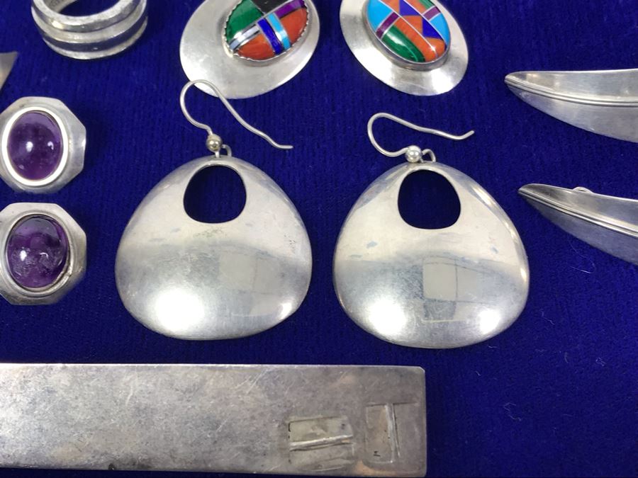 Sterling Silver Jewelry Earring Lot With Sterling Ring - Some Signed Woods Sterling And KBN Sterling 64.3g (One Earring Shown Nearest Bottom Needs Repair) [Photo 3]