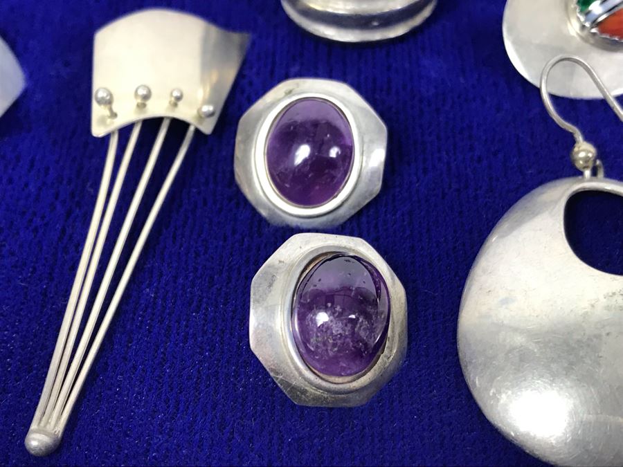 Sterling Silver Jewelry Earring Lot With Sterling Ring - Some Signed Woods Sterling And KBN Sterling 64.3g (One Earring Shown Nearest Bottom Needs Repair) [Photo 8]