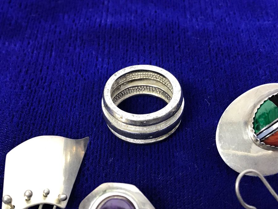 Sterling Silver Jewelry Earring Lot With Sterling Ring - Some Signed Woods Sterling And KBN Sterling 64.3g (One Earring Shown Nearest Bottom Needs Repair) [Photo 6]