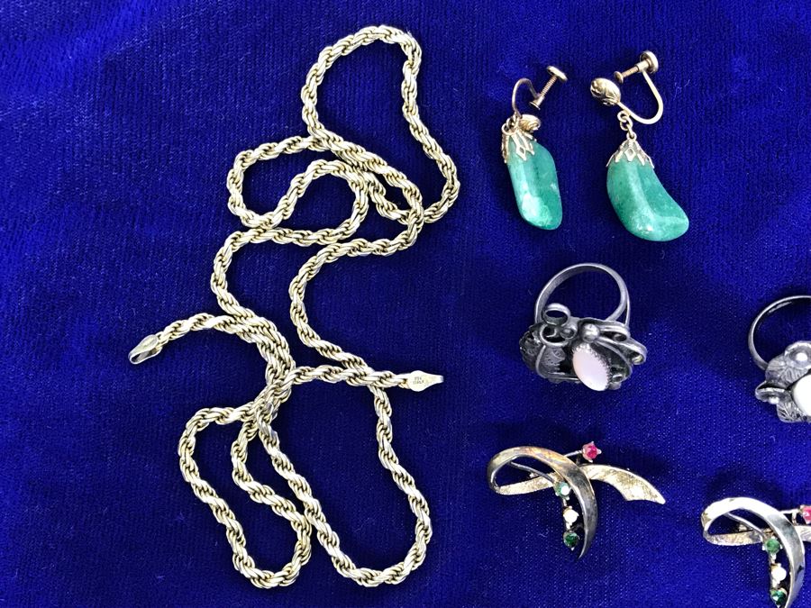 Jewelry Lot With Sterling Chain (On Left), Pocket Watch Chain, Sterling Silver Cross And Various Rings, Brooches And Earrings [Photo 16]