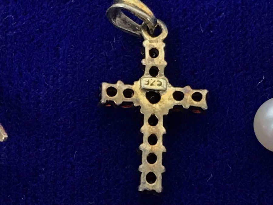 Jewelry Lot With Sterling Chain (On Left), Pocket Watch Chain, Sterling Silver Cross And Various Rings, Brooches And Earrings [Photo 12]