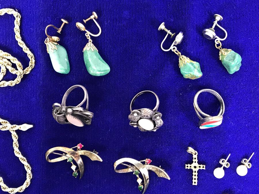 Jewelry Lot With Sterling Chain (On Left), Pocket Watch Chain, Sterling Silver Cross And Various Rings, Brooches And Earrings [Photo 15]