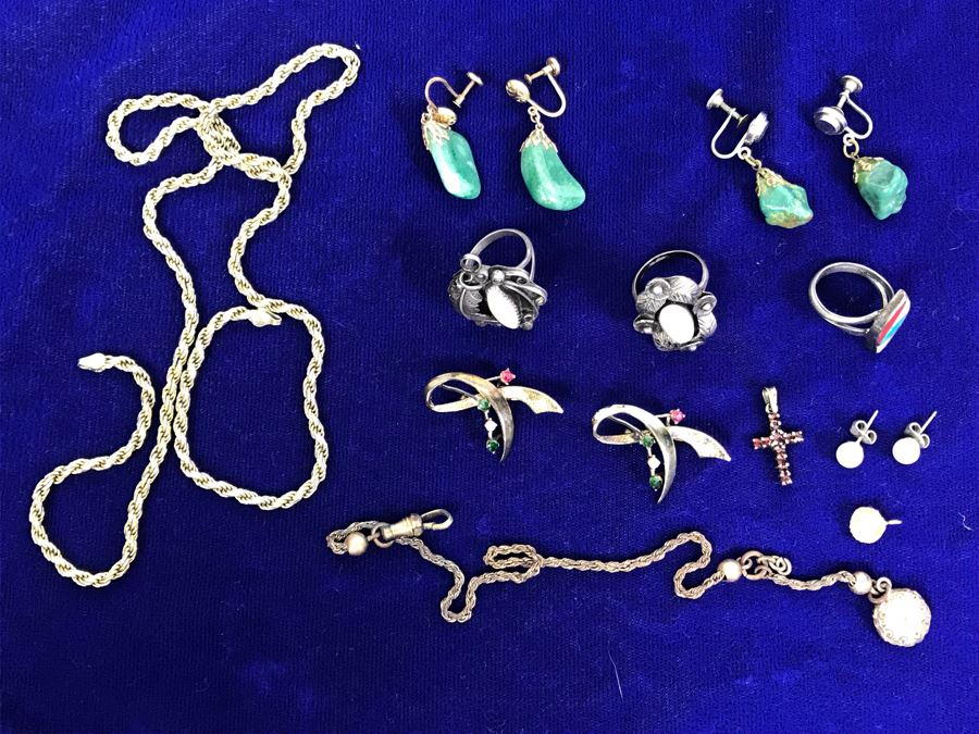 Jewelry Lot With Sterling Chain (On Left), Pocket Watch Chain, Sterling Silver Cross And Various Rings, Brooches And Earrings [Photo 2]