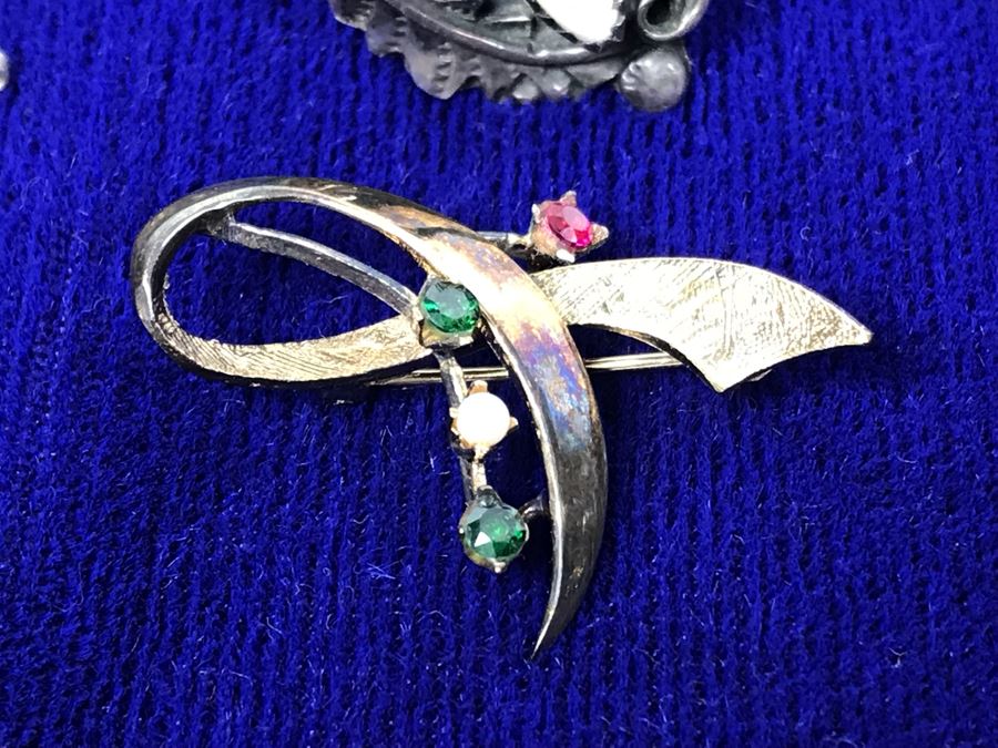 Jewelry Lot With Sterling Chain (On Left), Pocket Watch Chain, Sterling Silver Cross And Various Rings, Brooches And Earrings [Photo 9]