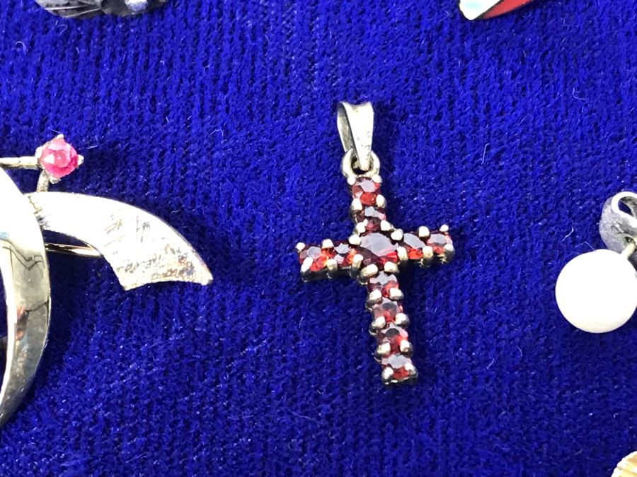 Jewelry Lot With Sterling Chain (On Left), Pocket Watch Chain, Sterling Silver Cross And Various Rings, Brooches And Earrings [Photo 10]