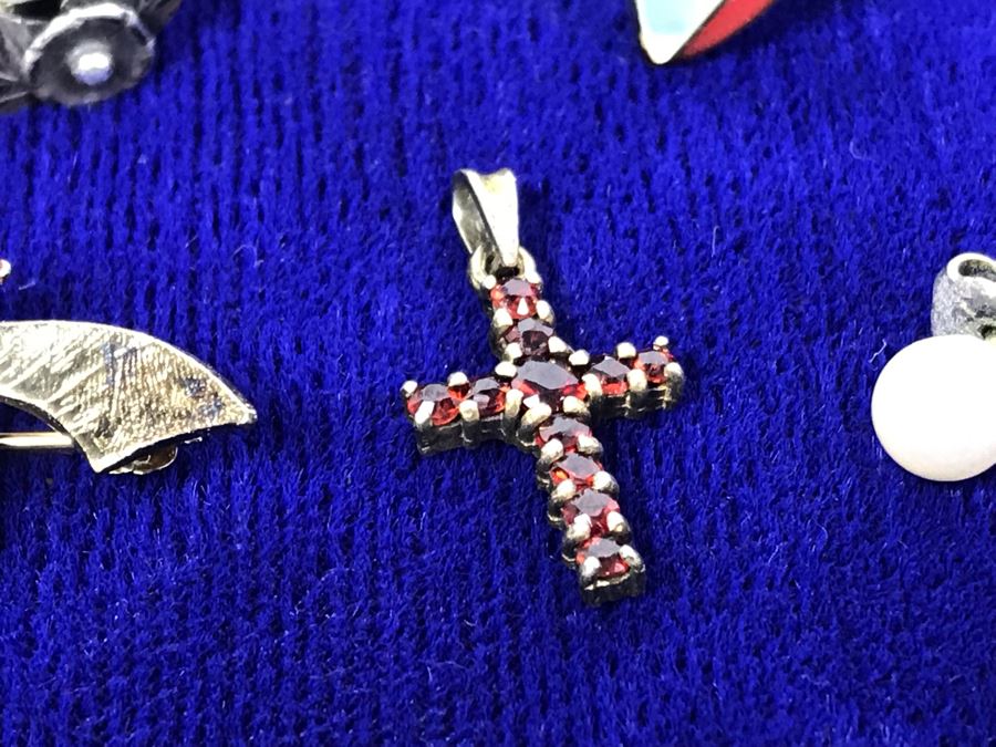 Jewelry Lot With Sterling Chain (On Left), Pocket Watch Chain, Sterling Silver Cross And Various Rings, Brooches And Earrings [Photo 11]