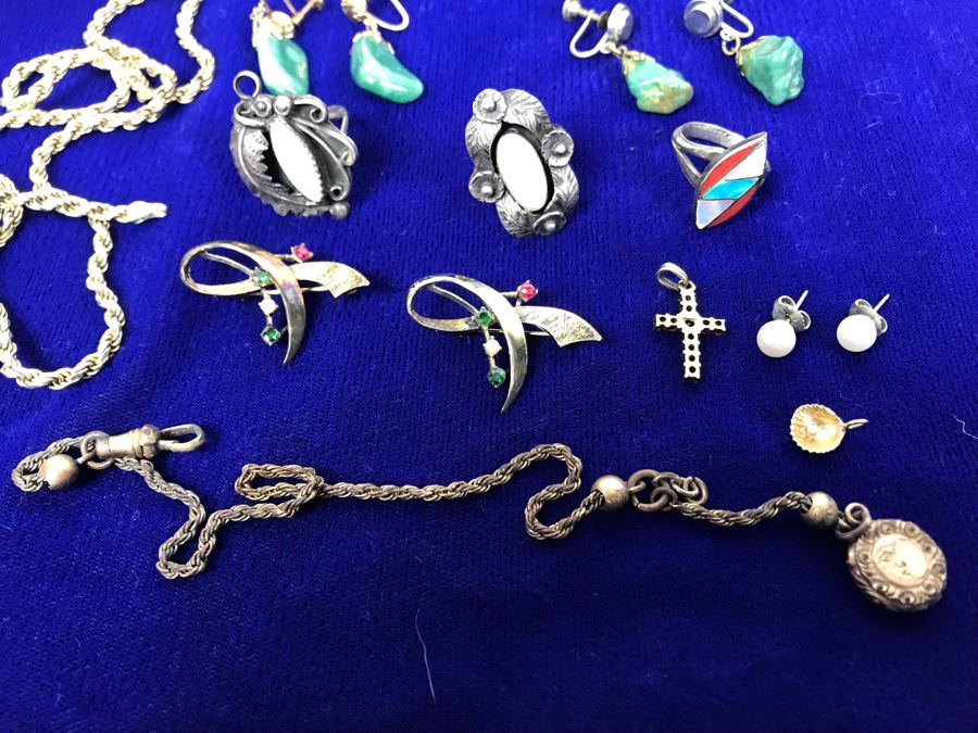 Jewelry Lot With Sterling Chain (On Left), Pocket Watch Chain, Sterling Silver Cross And Various Rings, Brooches And Earrings [Photo 13]