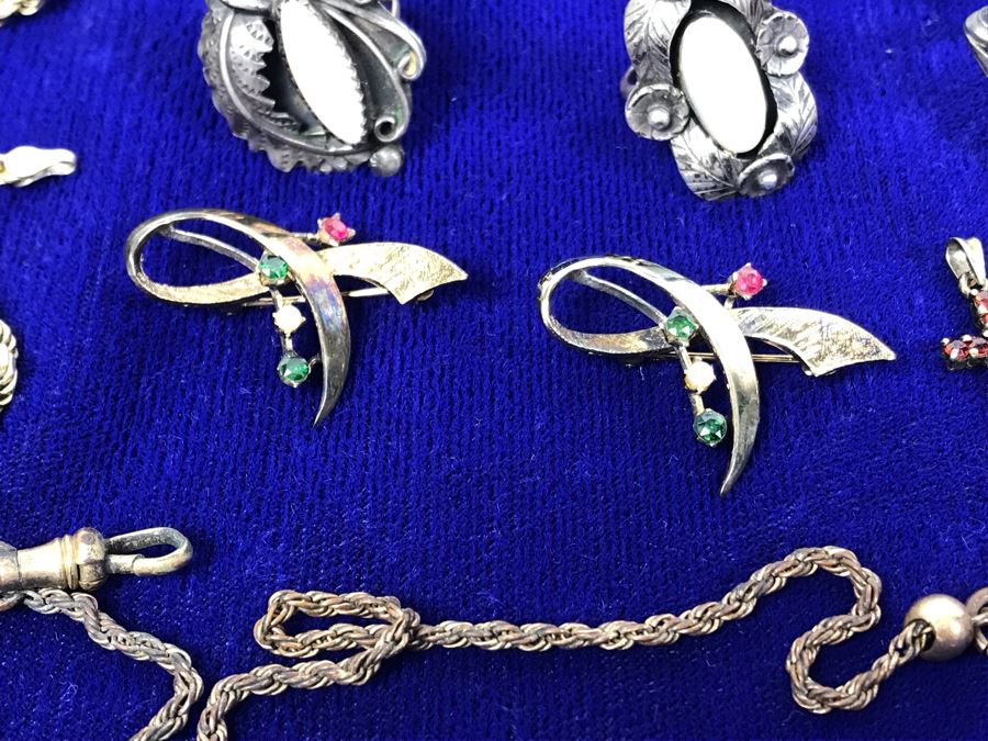 Jewelry Lot With Sterling Chain (On Left), Pocket Watch Chain, Sterling Silver Cross And Various Rings, Brooches And Earrings [Photo 8]