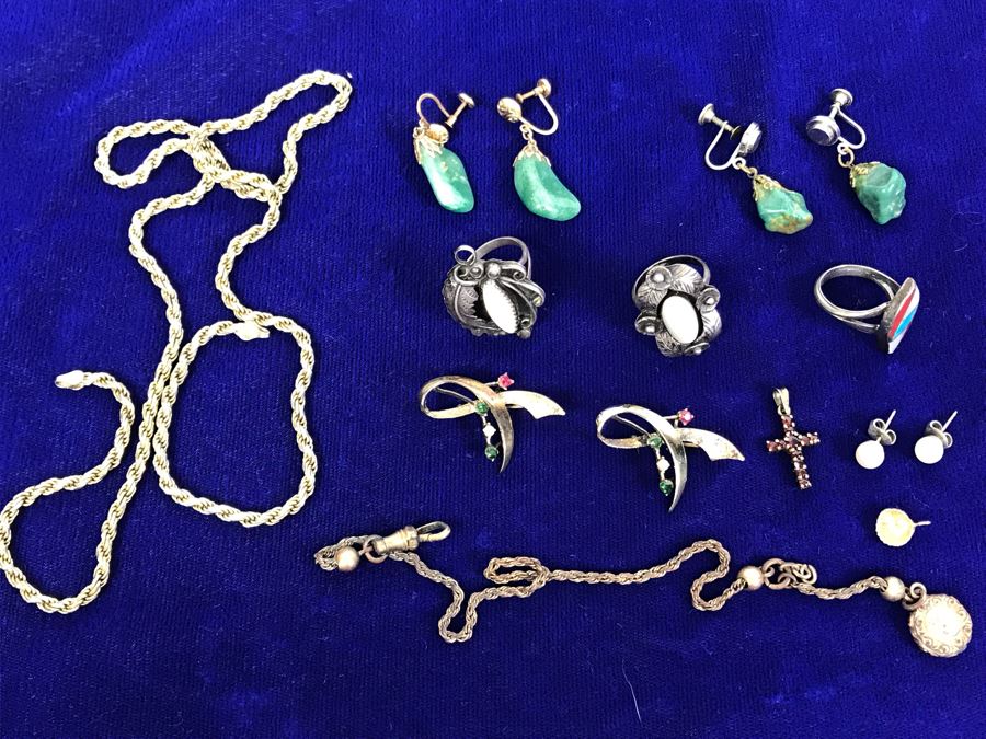 Jewelry Lot With Sterling Chain (On Left), Pocket Watch Chain, Sterling Silver Cross And Various Rings, Brooches And Earrings [Photo 3]