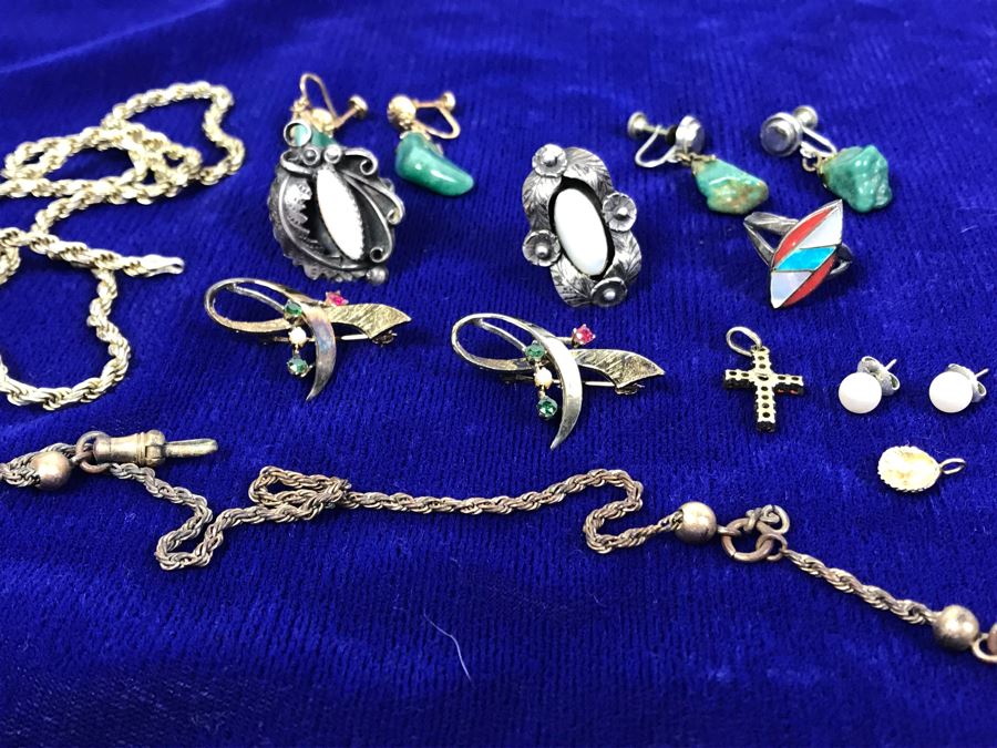 Jewelry Lot With Sterling Chain (On Left), Pocket Watch Chain, Sterling ...