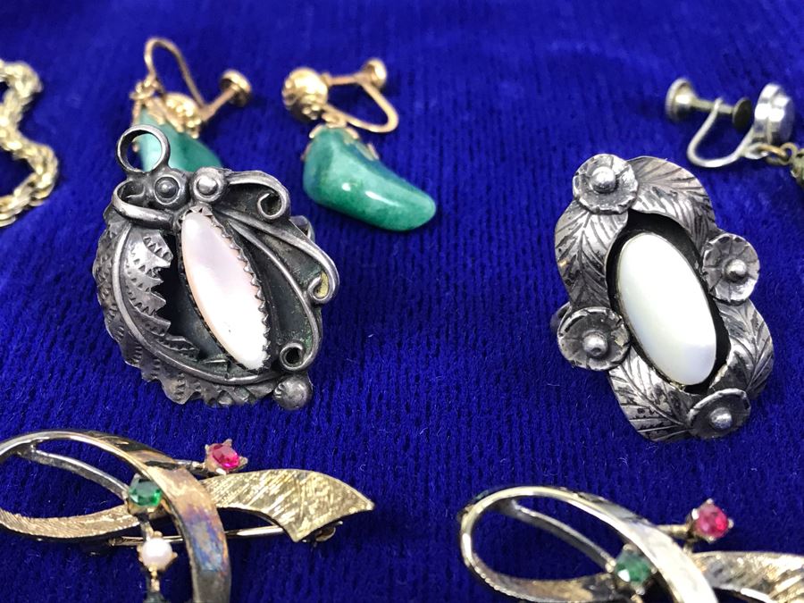 Jewelry Lot With Sterling Chain (On Left), Pocket Watch Chain, Sterling Silver Cross And Various Rings, Brooches And Earrings [Photo 4]