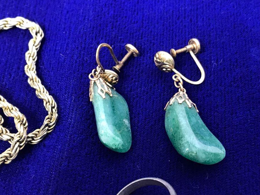 Jewelry Lot With Sterling Chain (On Left), Pocket Watch Chain, Sterling Silver Cross And Various Rings, Brooches And Earrings [Photo 5]