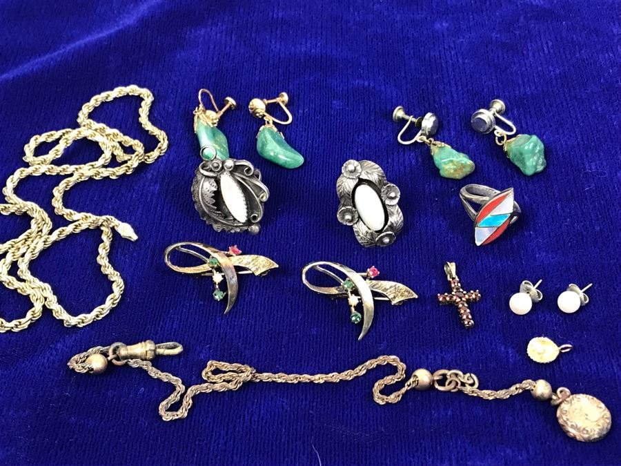 Jewelry Lot With Sterling Chain (On Left), Pocket Watch Chain, Sterling Silver Cross And Various Rings, Brooches And Earrings [Photo 1]