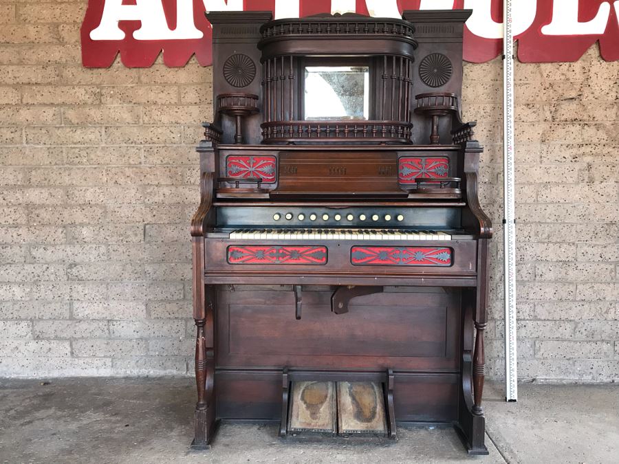 WORKING Antique Victorian Parlor Pump Organ Estey Organ Co Brattleboro Vt Elaborate High Top Mahogany Cabinet With Mirror - Top Removes From Bottom For Easy Moving - Estimate $1,000-$3,000 [Photo 1]
