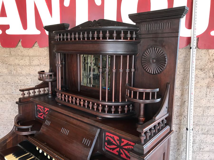 WORKING Antique Victorian Parlor Pump Organ Estey Organ Co Brattleboro Vt Elaborate High Top Mahogany Cabinet With Mirror - Top Removes From Bottom For Easy Moving - Estimate $1,000-$3,000 [Photo 27]