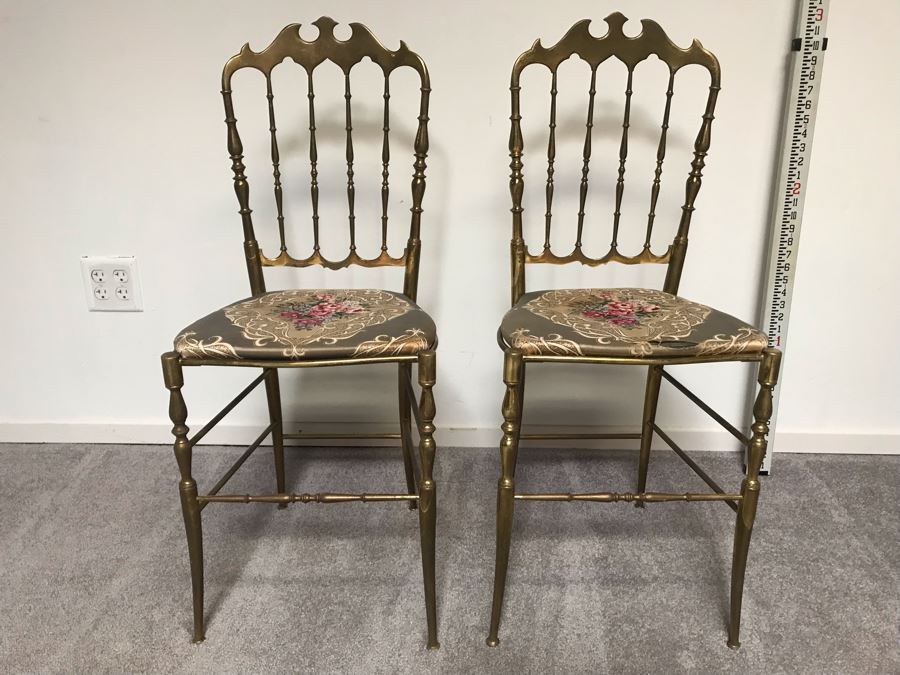 Pair Of Stunning Vintage Italian Brass Chiavari Chairs Hollywood Regency Estimate $1,000 [Photo 3]