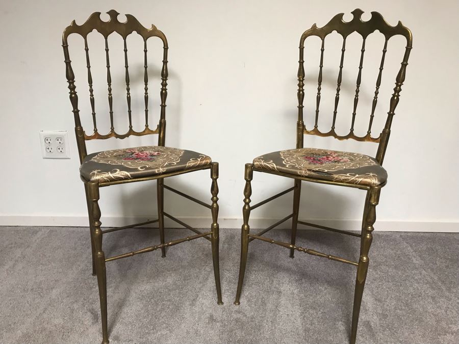 Pair Of Stunning Vintage Italian Brass Chiavari Chairs Hollywood Regency Estimate $1,000 [Photo 9]