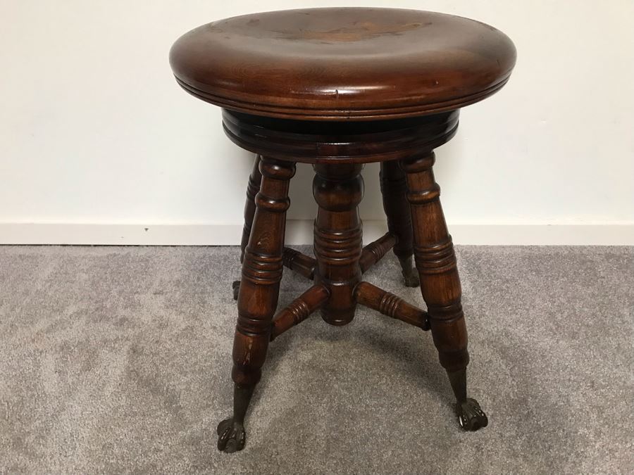 Antique Music Stool With Claw And Ball Feet Missing Back