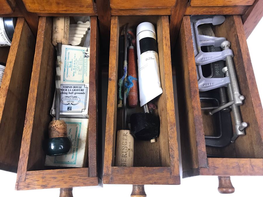 Vintage Wooden Medicine Style 18-Drawer Cabinet Chest Filled With Etching Artist Supplies 25'W X 12'D X 13.5'H [Photo 11]