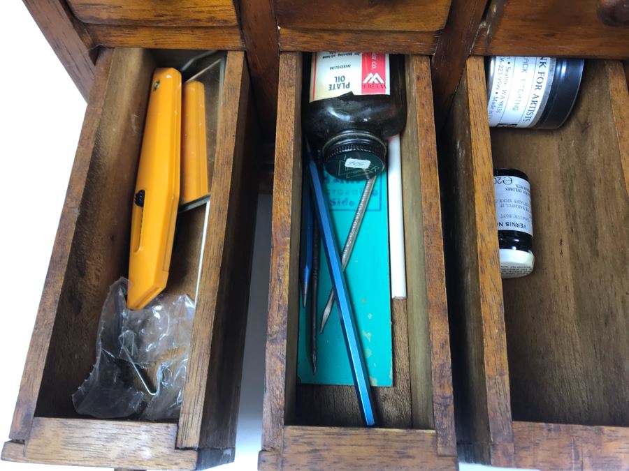 Vintage Wooden Medicine Style 18-Drawer Cabinet Chest Filled With Etching Artist Supplies 25'W X 12'D X 13.5'H [Photo 10]