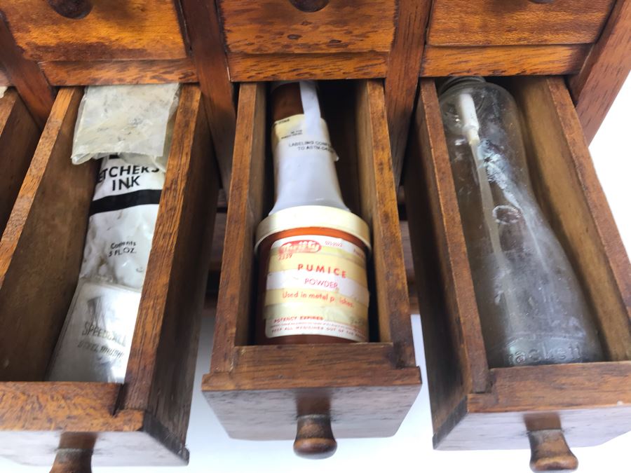 Vintage Wooden Medicine Style 18-Drawer Cabinet Chest Filled With Etching Artist Supplies 25'W X 12'D X 13.5'H [Photo 13]