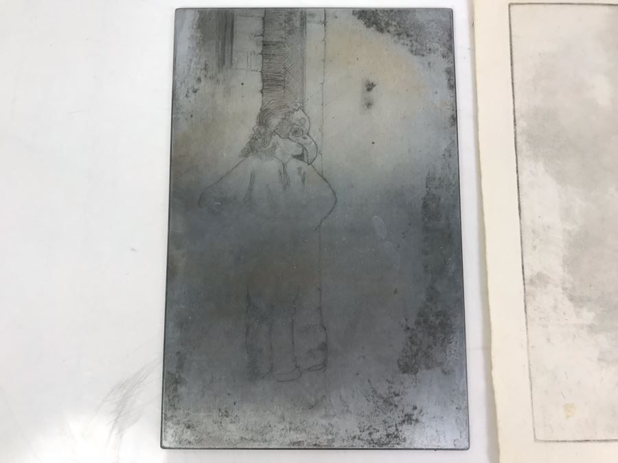 Original Artist Etched Etching Zinc Plate With Etching On Paper Of