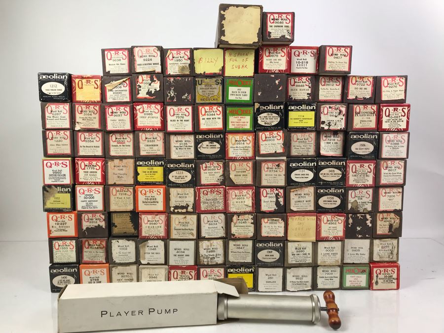 HUGE Lot Of Vintage Player Piano Rolls And Player Piano Pump