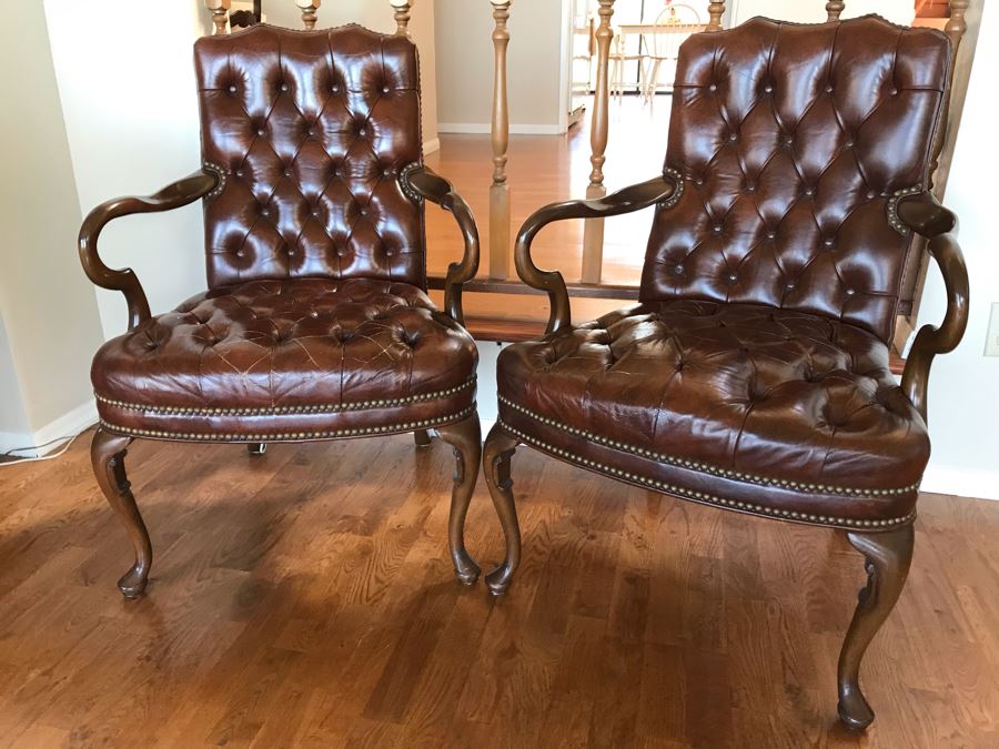 Pair Of Vintage Tufted Elegant Leather Armchairs With Brass Nailhead Trim [Photo 2]