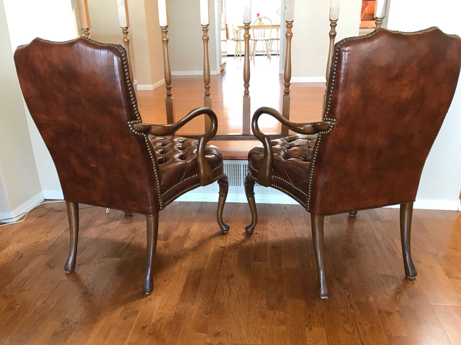 Pair Of Vintage Tufted Elegant Leather Armchairs With Brass Nailhead Trim [Photo 9]