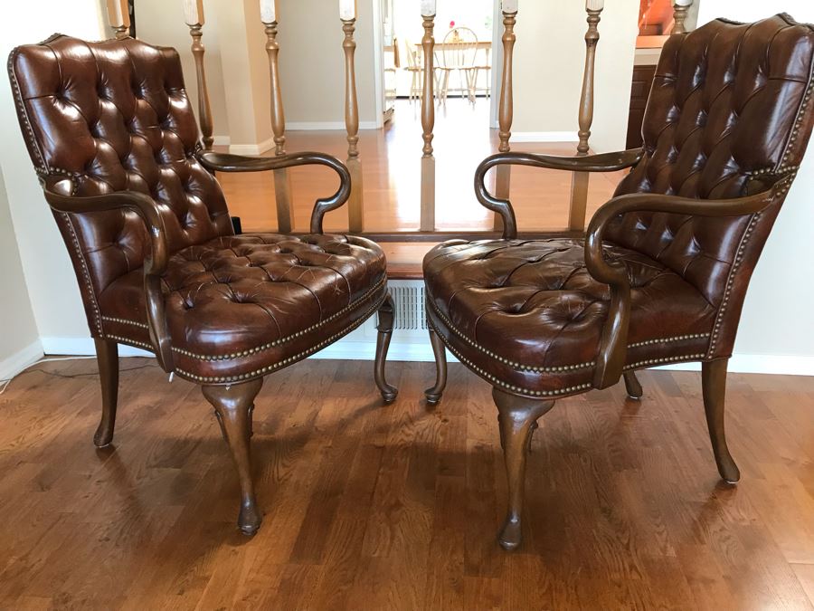 Pair Of Vintage Tufted Elegant Leather Armchairs With Brass Nailhead Trim [Photo 8]