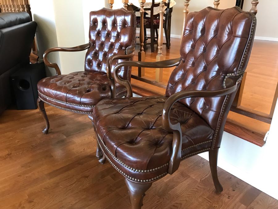 Pair Of Vintage Tufted Elegant Leather Armchairs With Brass Nailhead Trim [Photo 5]