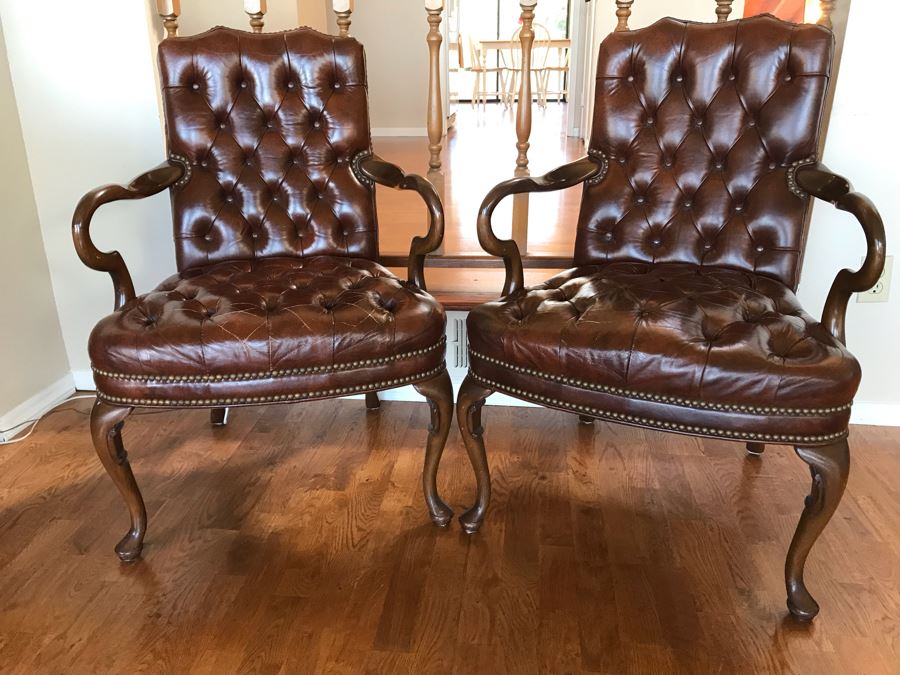 Pair Of Vintage Tufted Elegant Leather Armchairs With Brass Nailhead Trim [Photo 1]