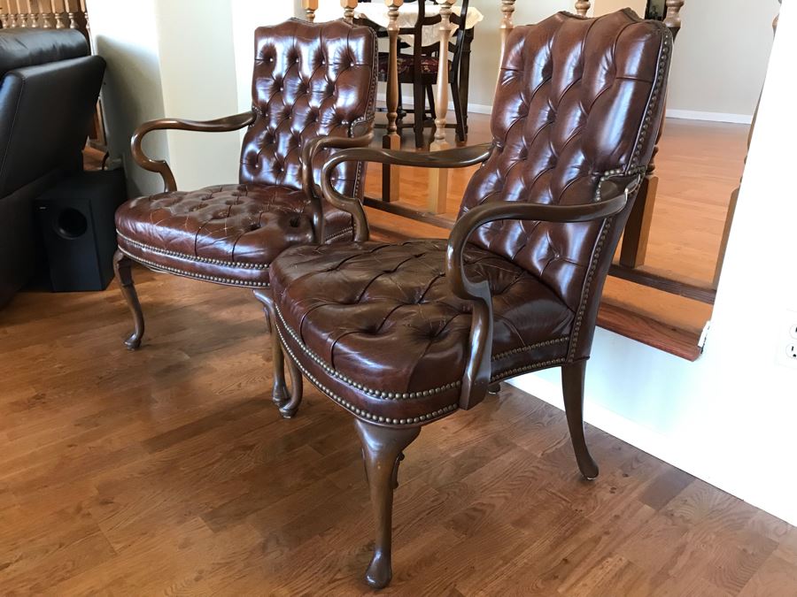 Pair Of Vintage Tufted Elegant Leather Armchairs With Brass Nailhead Trim [Photo 4]