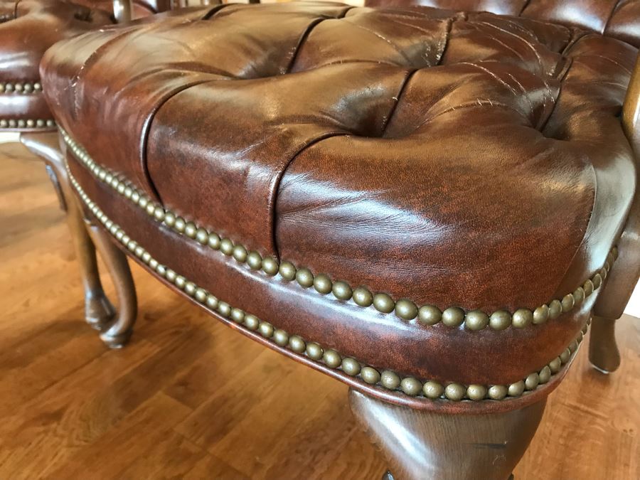 Pair Of Vintage Tufted Elegant Leather Armchairs With Brass Nailhead Trim [Photo 6]