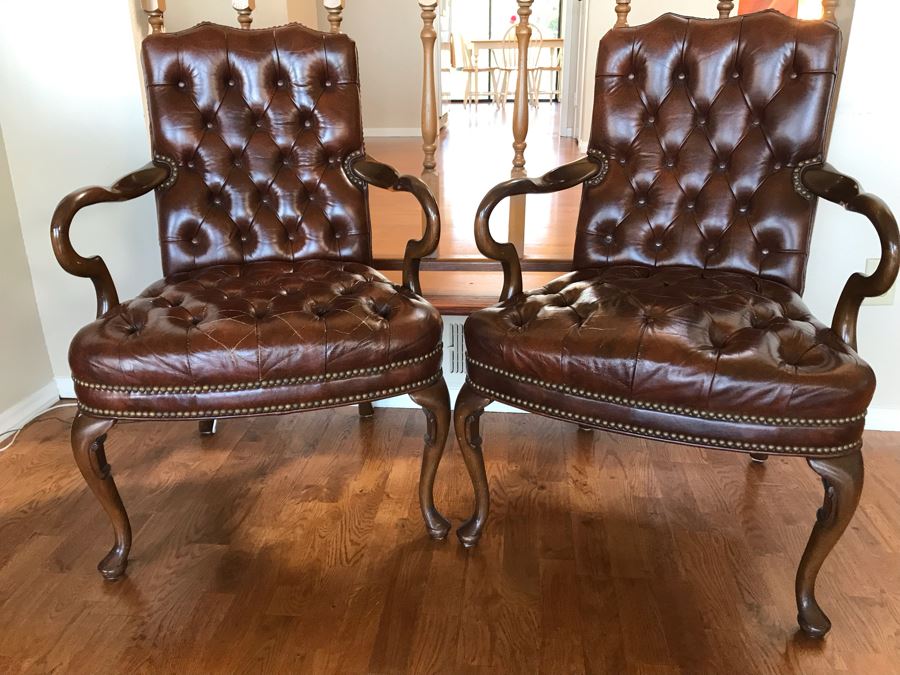 Pair Of Vintage Tufted Elegant Leather Armchairs With Brass Nailhead Trim [Photo 3]